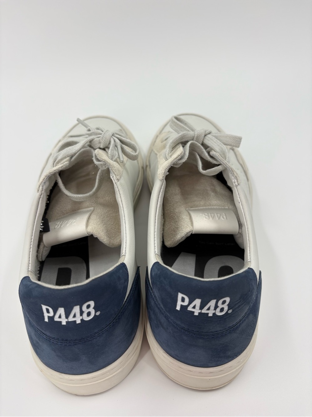 P448 Soho White & Navy Leather Suede Low Top Sneakers Size 44 - Picture 3 of 10